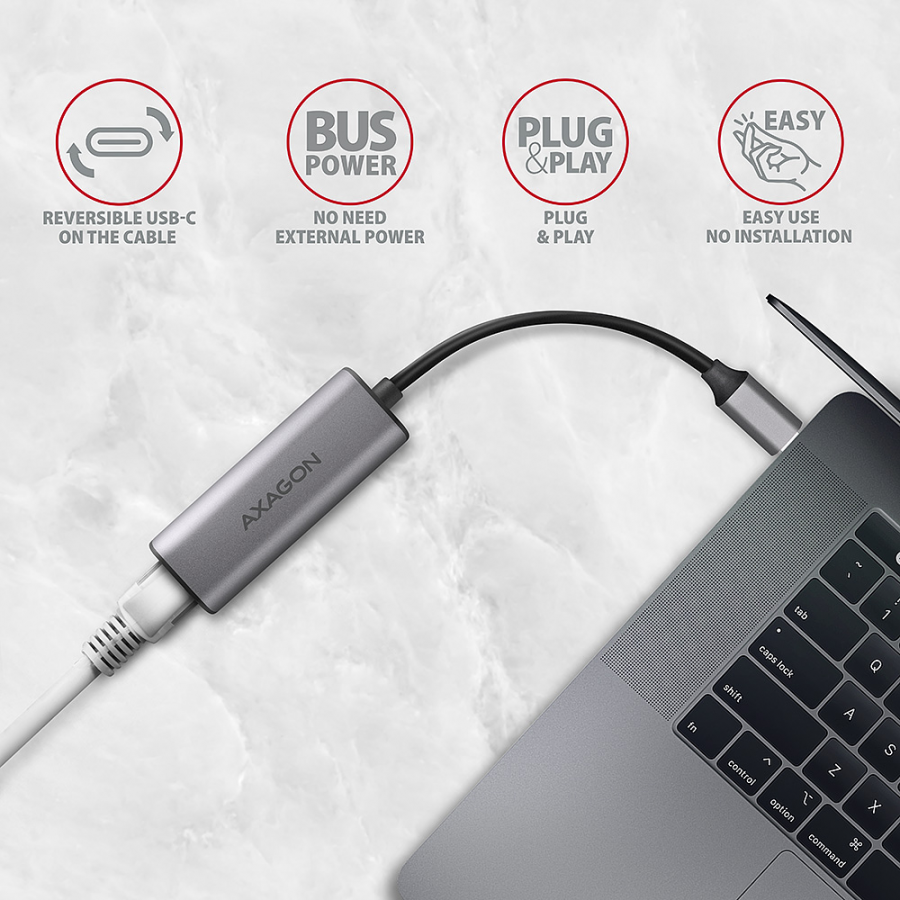 Adaptateur compact en aluminium USB-C 3.2 Gen 1 2,5 Gigabit Ethernet 10/100/1000/2500 Mbit avec installation automatique.