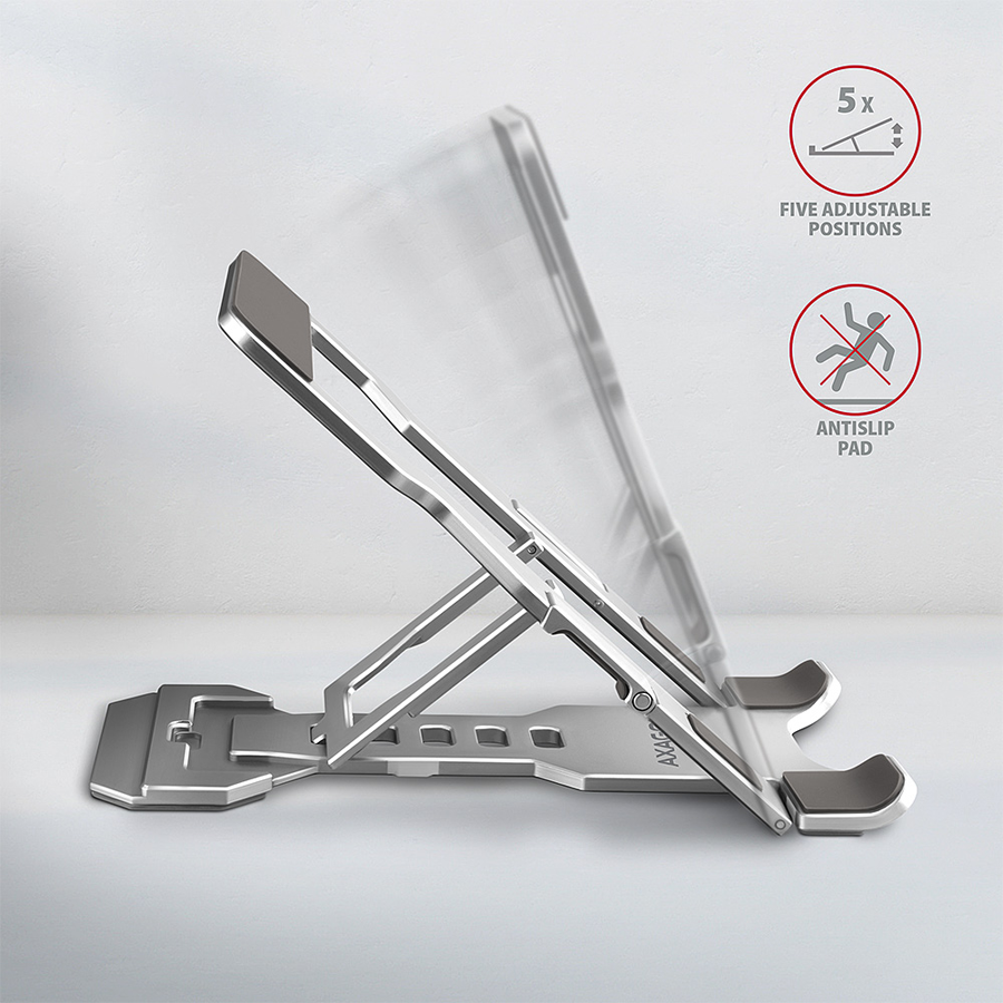 Support pour téléphone/tablette axagon stnd-m : support en aluminium pour téléphones et tablettes de 4 à 105 pouces. cinq positions réglables.