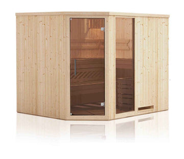 Cabine de sauna d’angle finlandais vitrée MAFANA 4 places 194x194 x H.199 cm