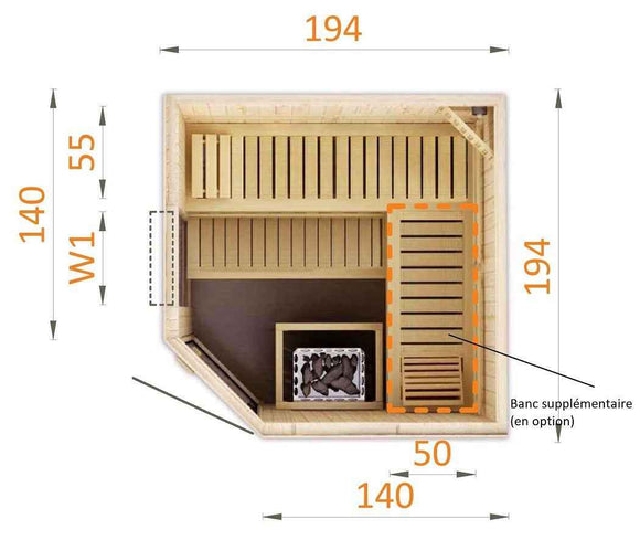 Cabine de sauna d’angle finlandais vitrée MAFANA 4 places 194x194 x H.199 cm