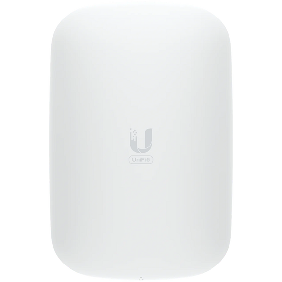 UBIQUITI U6 Extender; WiFi 6; 6 spatial streams; 115 m² (1,250 ft²) coverage; 300+ connected devices; Powered with standard AC wall outlet; Wireless uplink to UniFi WiFi.