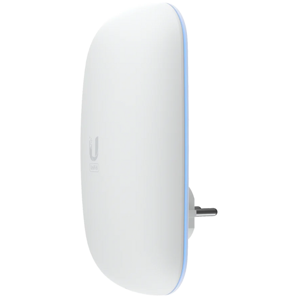UBIQUITI U6 Extender; WiFi 6; 6 spatial streams; 115 m² (1,250 ft²) coverage; 300+ connected devices; Powered with standard AC wall outlet; Wireless uplink to UniFi WiFi.