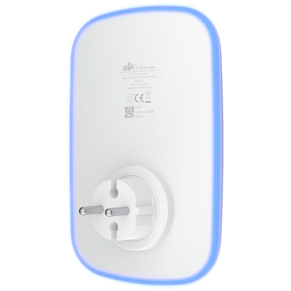 UBIQUITI U6 Extender; WiFi 6; 6 spatial streams; 115 m² (1,250 ft²) coverage; 300+ connected devices; Powered with standard AC wall outlet; Wireless uplink to UniFi WiFi.