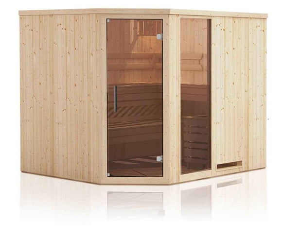 Cabine de sauna d’angle finlandais vitrée KILA 6 places 244x194 x H.199 cm
