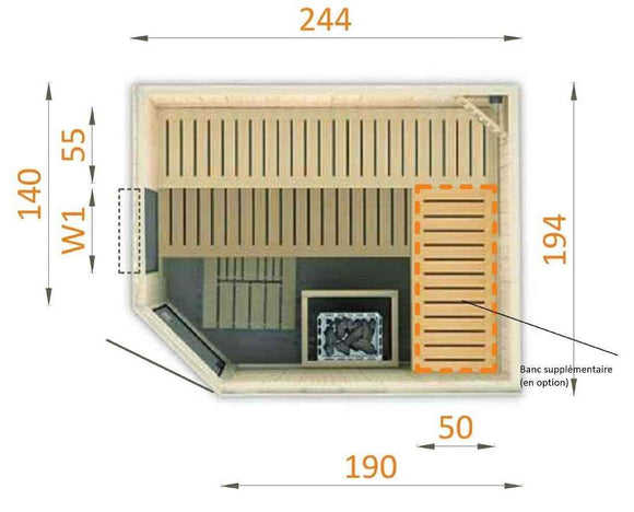 Cabine de sauna d’angle finlandais vitrée KILA 6 places 244x194 x H.199 cm