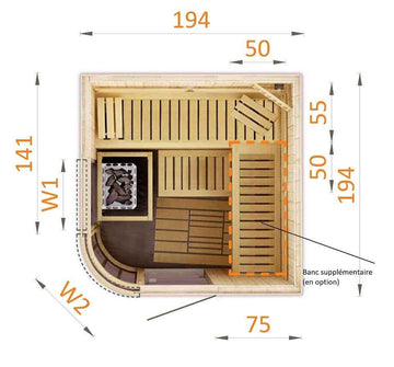 Cabine de sauna arque finlandais MAFANA 4/5 places 194x194 x H.199 cm