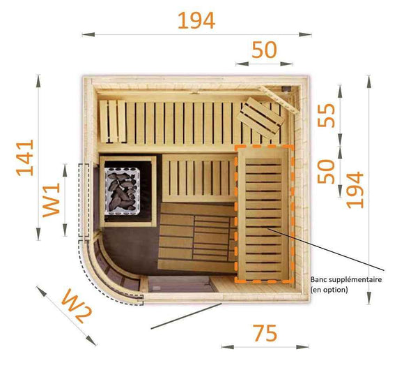 Cabine de sauna arque finlandais MAFANA 4/5 places 194x194 x H.199 cm