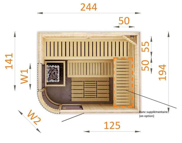 Cabine de sauna ARQUE finlandais KILA 6/7 places 244x194 x H.199 cm