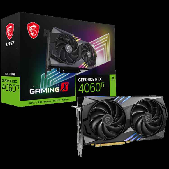 Carte graphique MSI Nvidia GeForce RTX 4060 Ti GAMING X 8 Go, 8 Go de GDDR6, 128 bits, fréquence mémoire effective : 18 000 MHz, Boost : 2 655 MHz, 4 352 cœurs CUDA, PCIe 4.0, 3 ports DP 1.4a, HDMI 2.1a, RAY TRACING, double ventilateur, 1 bloc d'alimentat