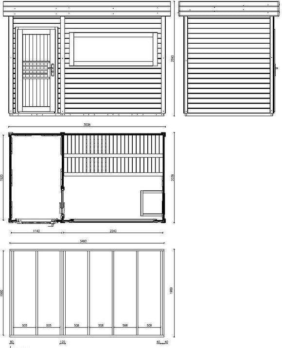 Cabine de sauna extérieur MAGNOLIA 6 places 353,8x203,8 x H.259 cm