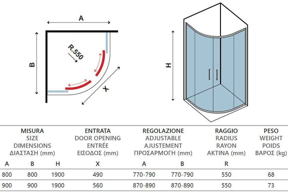 Parois de douche ¼ de cercle INOX 200 H. 190 cm