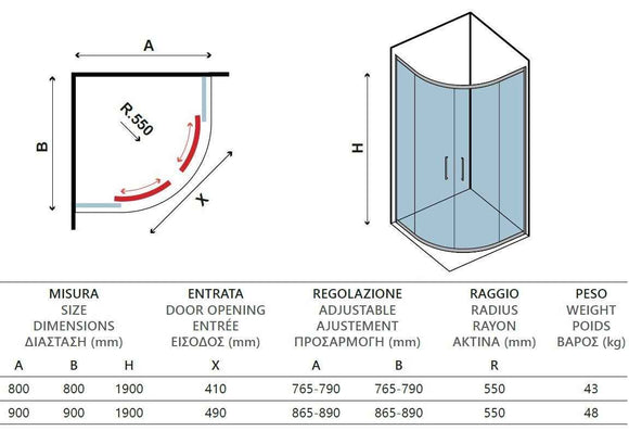 Parois de douche ¼ de cercle FLORA 200 SATIN H. 190 cm