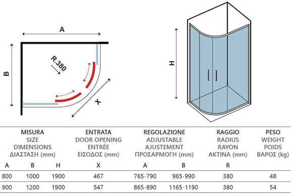 Cabine de douche d’angle ¼ de cercle avec receveur FLORA 650 80x100 H.190 cm