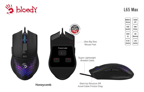 A4Tech BLOODY A4TMYS47113 L65 MAX RGB Honeycomb (Activated) mouse USB Type-A Optical 12 000 DPI