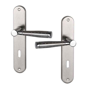 2 poignées de porte sur plaque CASUAL, Entrée de clé pour chambre, Finition aluminium nickel mat, Entraxe standard 195 mm
