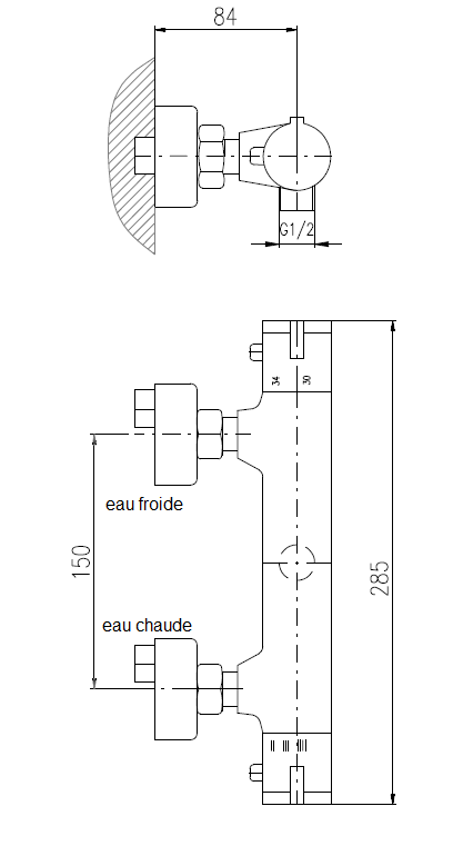 Mitigeur douche mural thermostatique en laiton noir mat sortie douchette bas