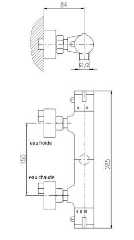 Mitigeur douche mural thermostatique en laiton noir mat sortie douchette bas
