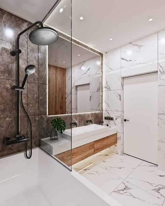 Colonne de douche murale thermostatique en laiton noir mat avec douchette H. 109 cm