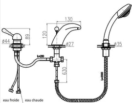 Mélangeur baignoire avec cascade haut LABE 3 trous en laiton