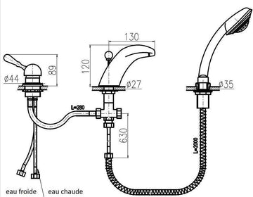 Mélangeur baignoire avec cascade haut LABE 3 trous en laiton