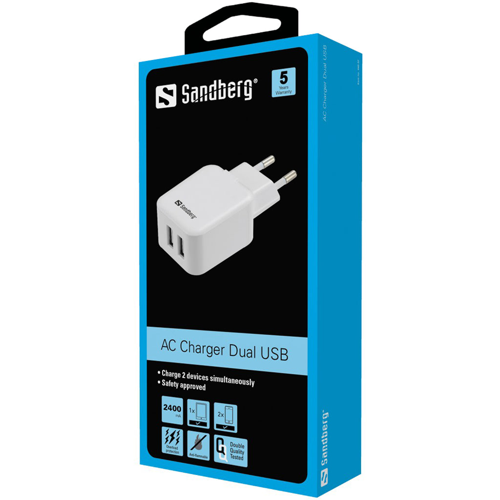 Chargeur secteur sandberg 440-57 double usb 24 + 1 a ue