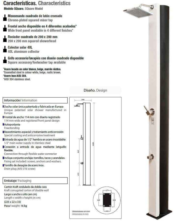 Douche de piscine solaire SQUARE, douche extérieure 40L