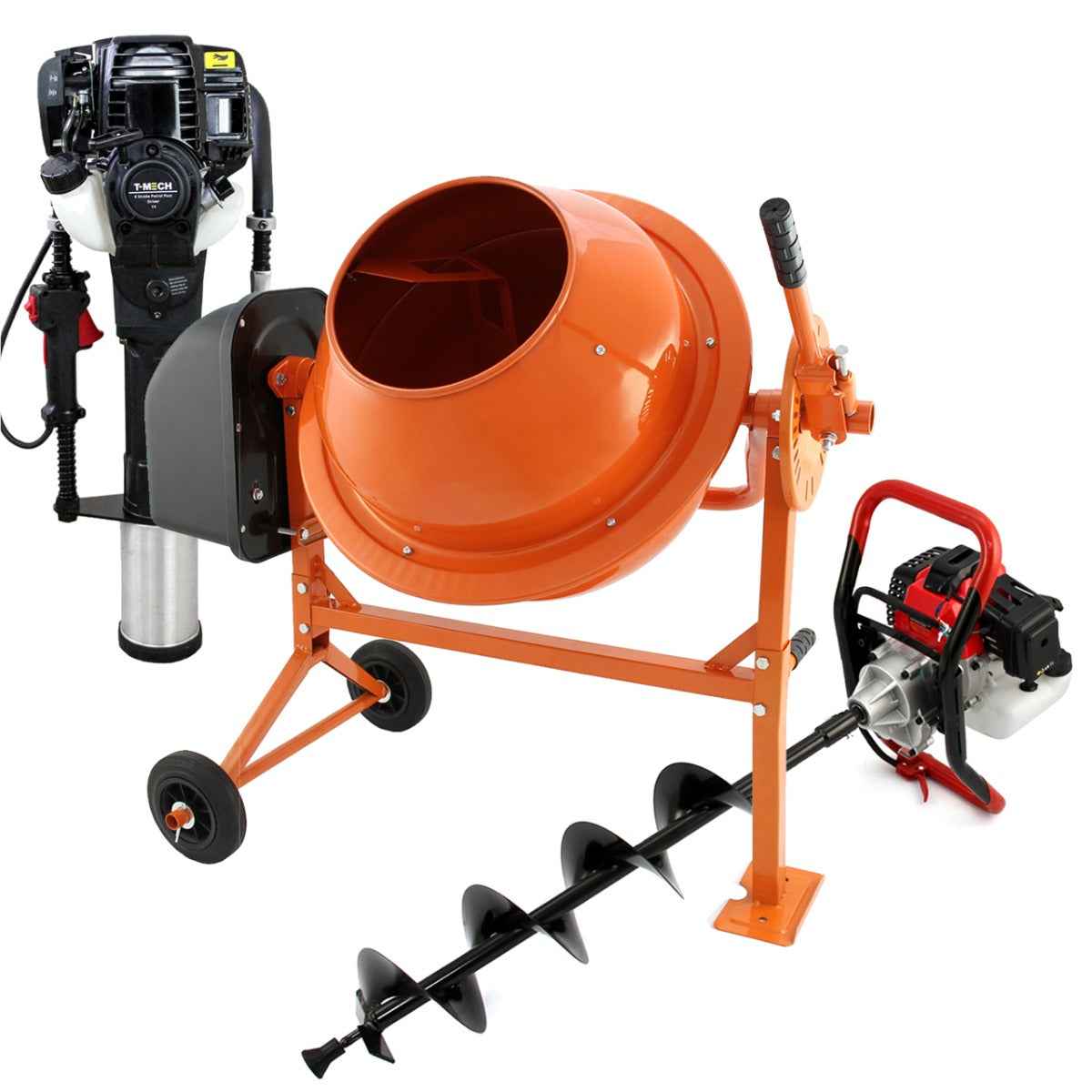 Tarière T-Mech 52cc, Bétonnière & Enfonce Poteaux Moteur à 4 temps