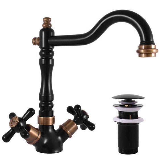 Mélangeur lavabo MORAVA RETRO pivotant en laiton noir mat avec pop up