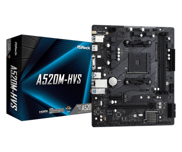 Mainboard|ASROCK|AMD A520|SAM4|Micro-ATX|Memory DDR4|Memory slots 2|1xPCI-Express 3.0 1x|1xPCI-Express 3.0 16x|1xM.2|1x15pin D-sub|1xHDMI|2xAudio-In|1xAudio-Out|2xUSB 2.0|4xUSB 3.2|1xPS/2|1xRJ45|A520M-HVS