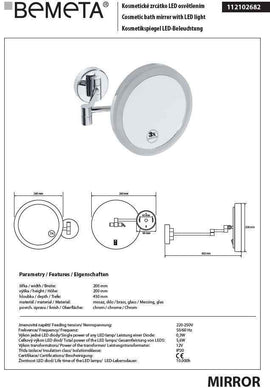 Miroir de douche grossissant mural avec LED 20 cm
