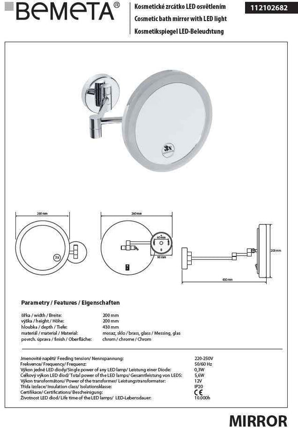 Miroir de douche grossissant mural avec LED 20 cm