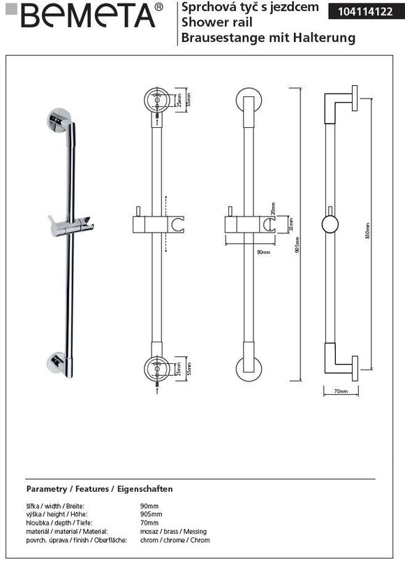 Rail de douche en chrome avec porte pommeau 90 cm