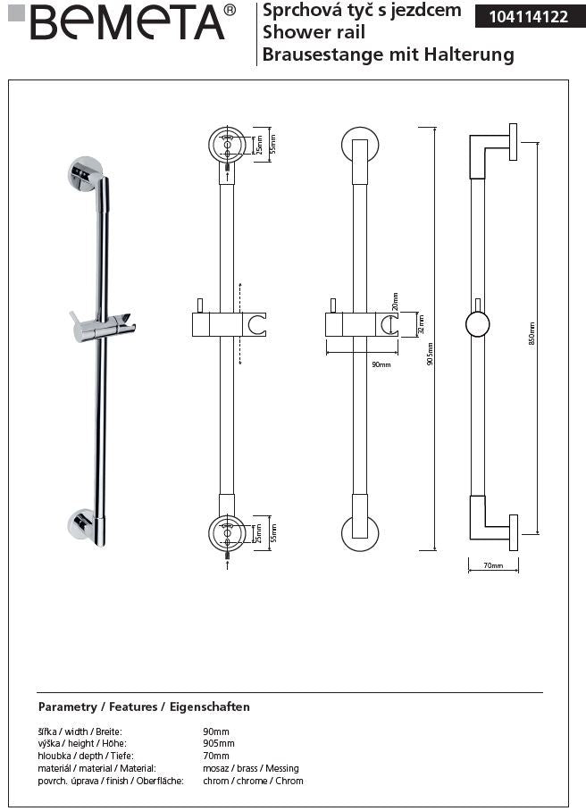 Rail de douche en chrome avec porte pommeau 90 cm