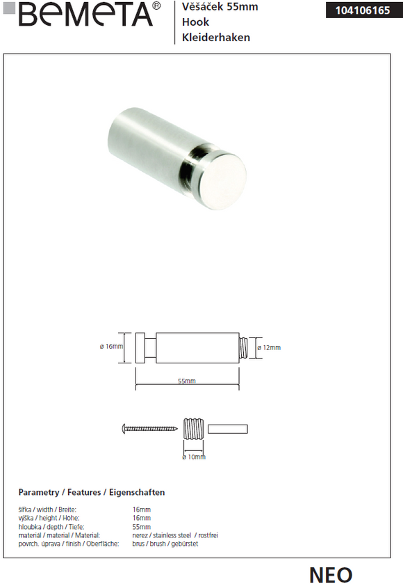 Lot de 2 patères en acier inoxydable NEO 5,5x1,6x1,6 cm