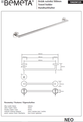 Porte-serviettes NEO en acier inoxydable 50x7x5,5 cm