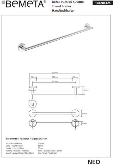 Porte-serviettes NEO en acier inoxydable 50x7x5,5 cm
