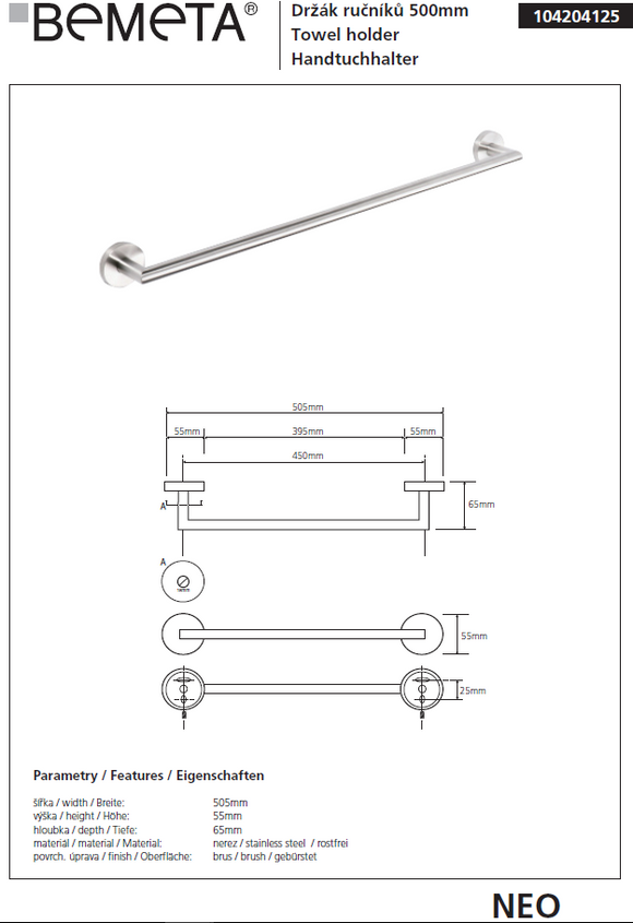 Porte-serviettes NEO en acier inoxydable 50x7x5,5 cm