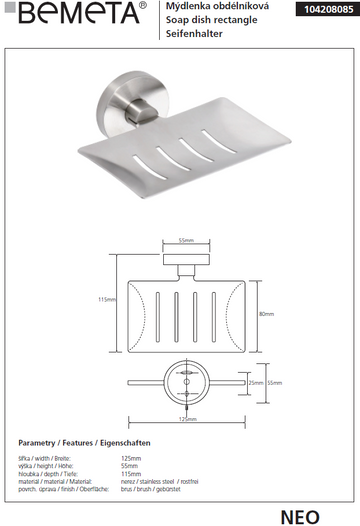 Porte-savon rectangulaire NEO en acier inoxydable 5,5x11,5x12,5 cm - 0