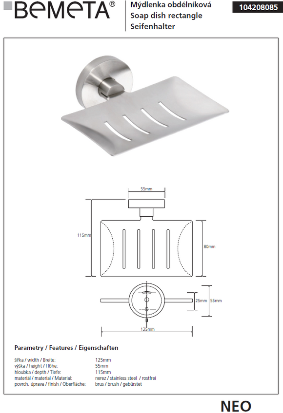 Porte-savon rectangulaire NEO en acier inoxydable 5,5x11,5x12,5 cm