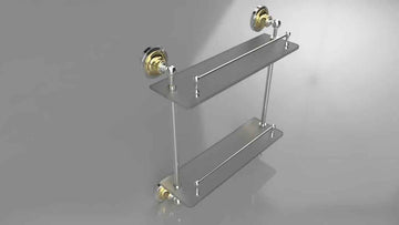 Etagère double de douche avec rail en verre RETRO chromé doré 40x42x12cm
