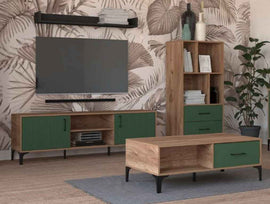 Bibliothèque à 4 étagères et 2 tiroirs LUGO coloris chêne vert 59,9x42x138,40 cm