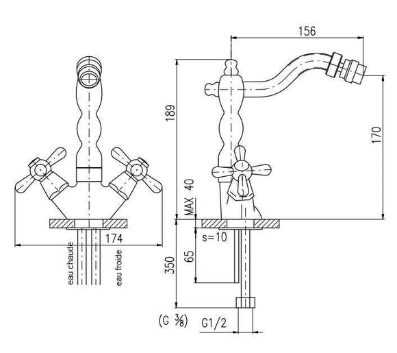Mélangeur bidet long MORAVA sans siphon en laiton chromé