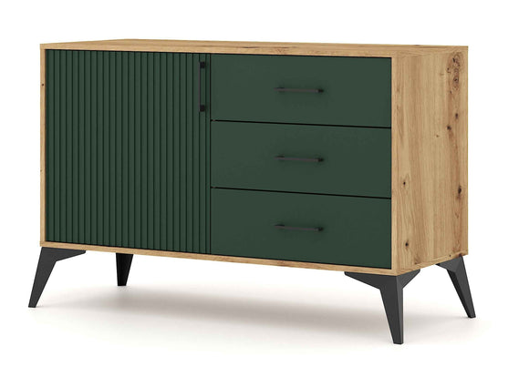 Buffet 1 porte et 3 tiroirs LUGO coloris chêne vert 112x42x78,40cm