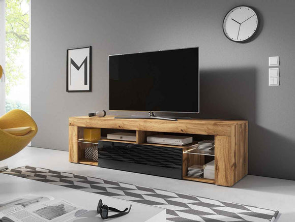 Meuble TV EVEREST coloris chêne et noir 140x35x50 cm