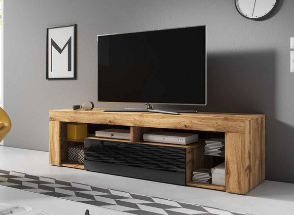 Meuble TV EVEREST coloris chêne et noir 140x35x50 cm