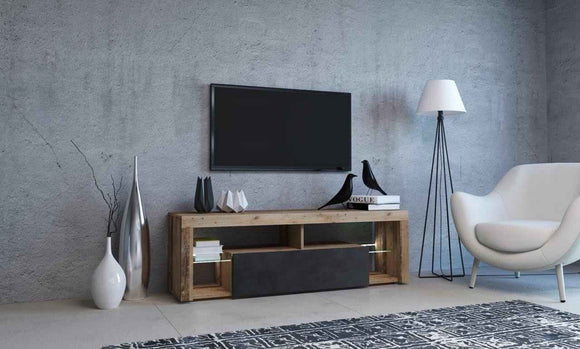 Meuble TV EVEREST coloris chêne et noir 140x35x50 cm