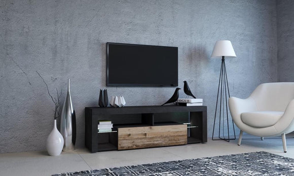 Meuble TV EVEREST coloris gris et chêne 140x35x50 cm