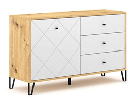 Buffet 1 porte et 3 tiroirs BILBAO coloris chêne et blanc mat 123,4 x40 x 75,2 cm