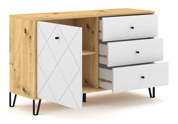 Buffet 1 porte et 3 tiroirs BILBAO coloris chêne et blanc mat 123,4 x40 x 75,2 cm