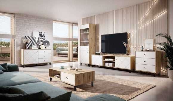 Buffet 1 porte et 3 tiroirs BILBAO coloris chêne et blanc mat 123,4 x40 x 75,2 cm